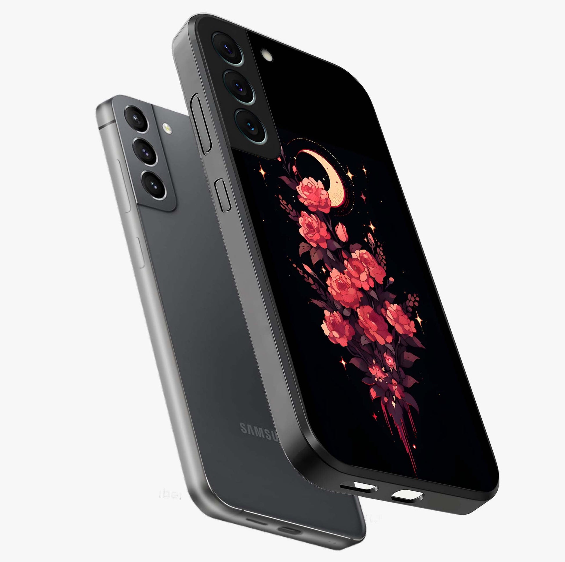 Moonlit Floral Elegance Glass Case displayed in angled mockup highlighting graceful flower design with soft moonlight aesthetic.