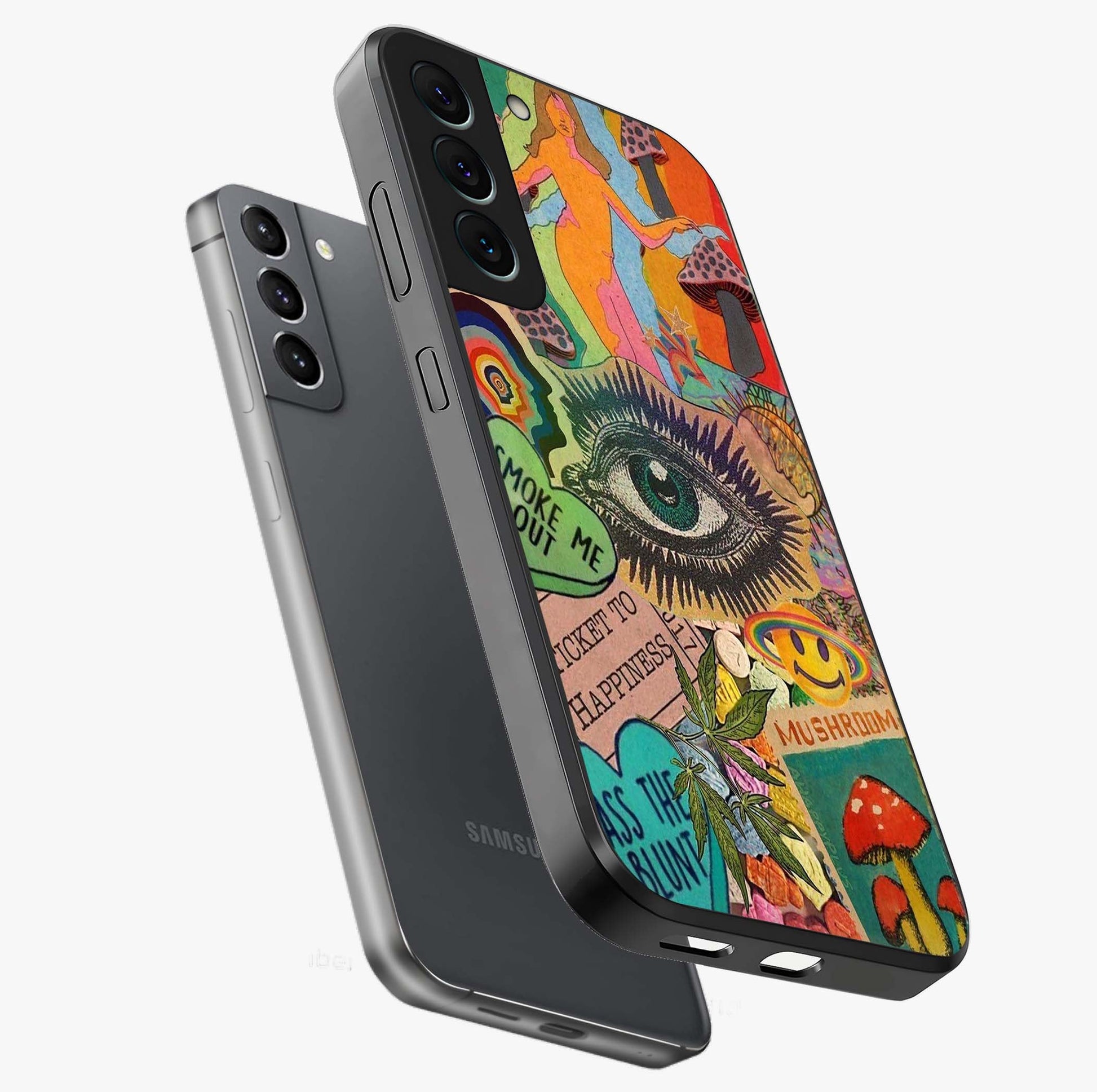 Mystic Eye Wonderland Glass Case displayed in angled mockup highlighting magical eye illustration with dreamy aesthetic.