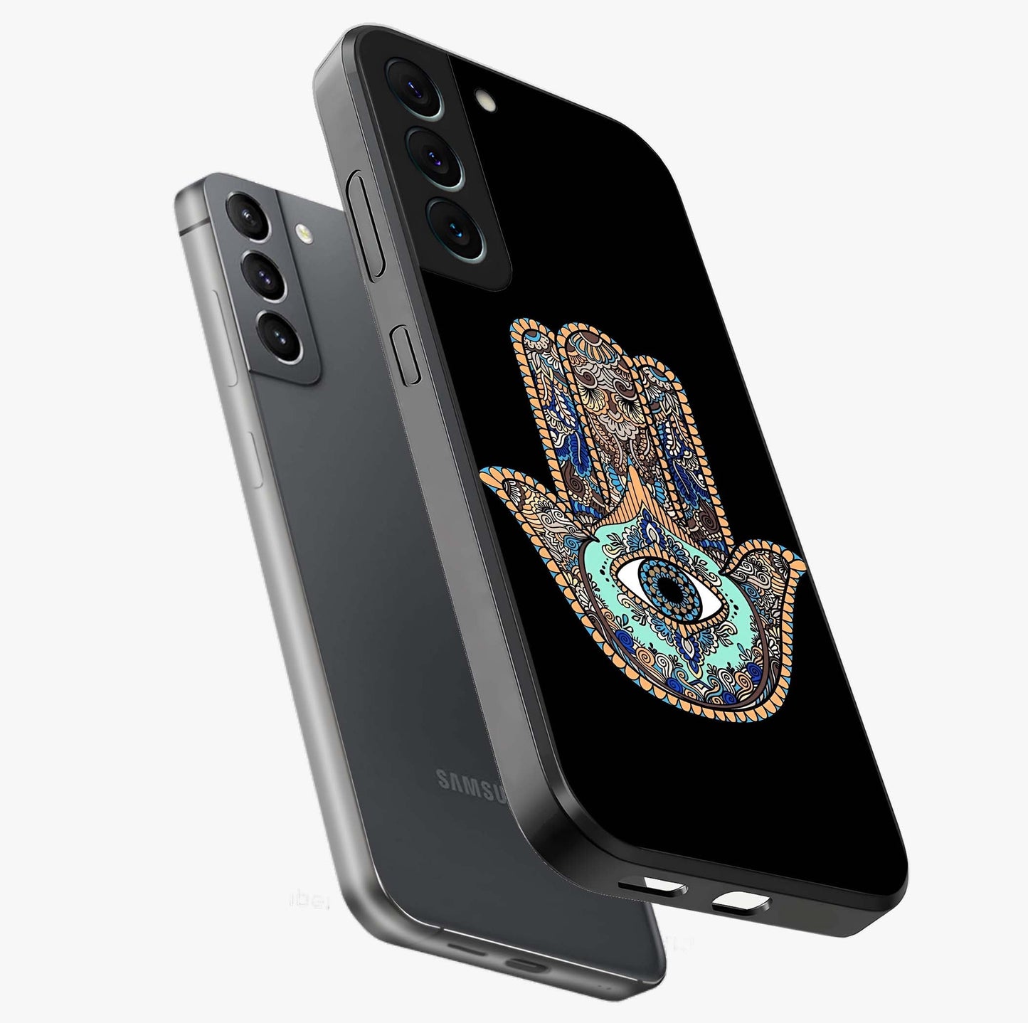 Mystic Hamsa Eye Glass Case displayed in angled mockup highlighting spiritual hamsa symbol with mystical aesthetic style.