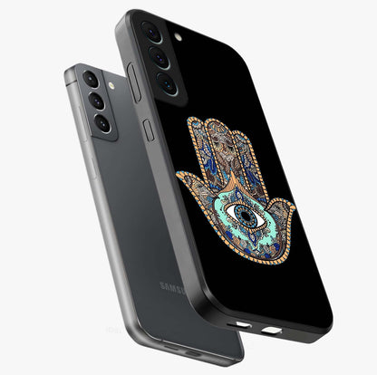 Mystic Hamsa Eye Glass Case displayed in angled mockup highlighting spiritual hamsa symbol with mystical aesthetic style.