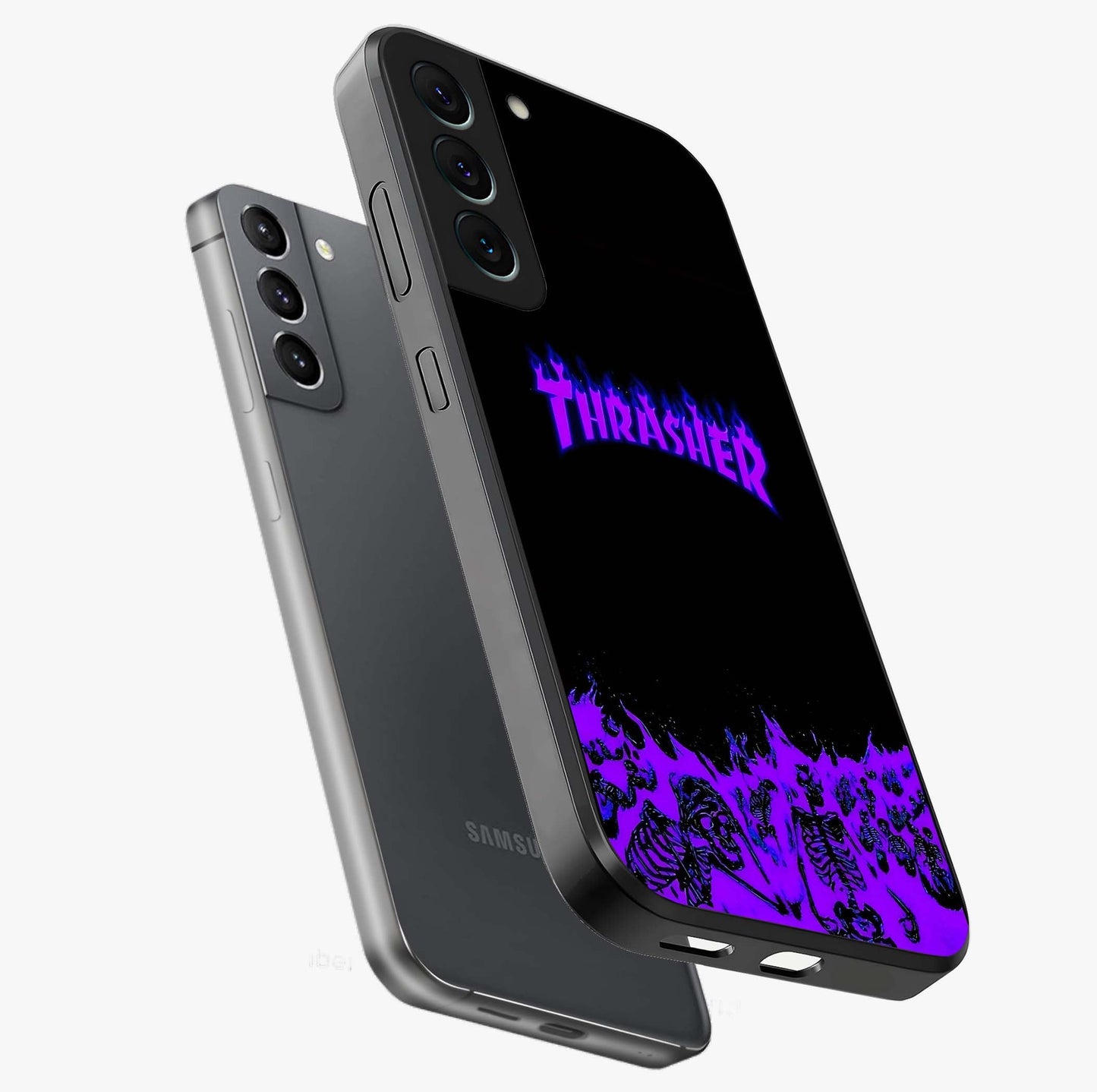 Neon Flame Riot Glass Case displayed in angled mockup highlighting glowing flame design with vibrant neon aesthetic.
