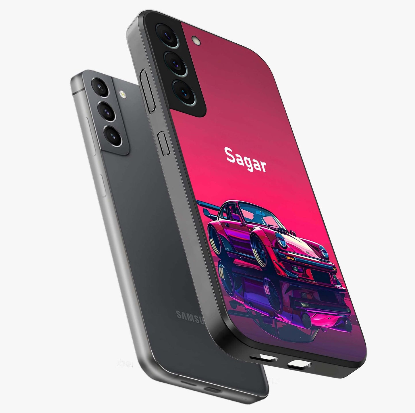 Neon Pink Porsche Glass Case displayed in angled mockup highlighting sleek neon pink car design with racing aesthetic.