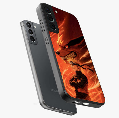 Nine Tails Legacy Glass Case displayed in angled mockup highlighting dynamic anime beast illustration with bold mystical aesthetic.
