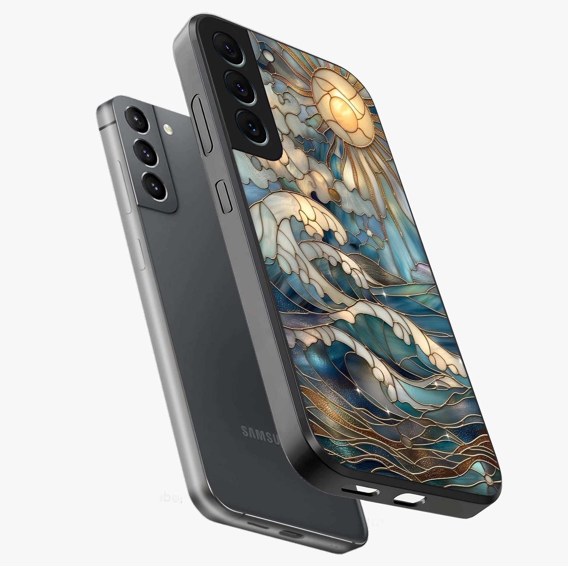 Oceanic Stained Printed Glass Case displayed in angled mockup highlighting colorful aquatic design with artistic aesthetic style.