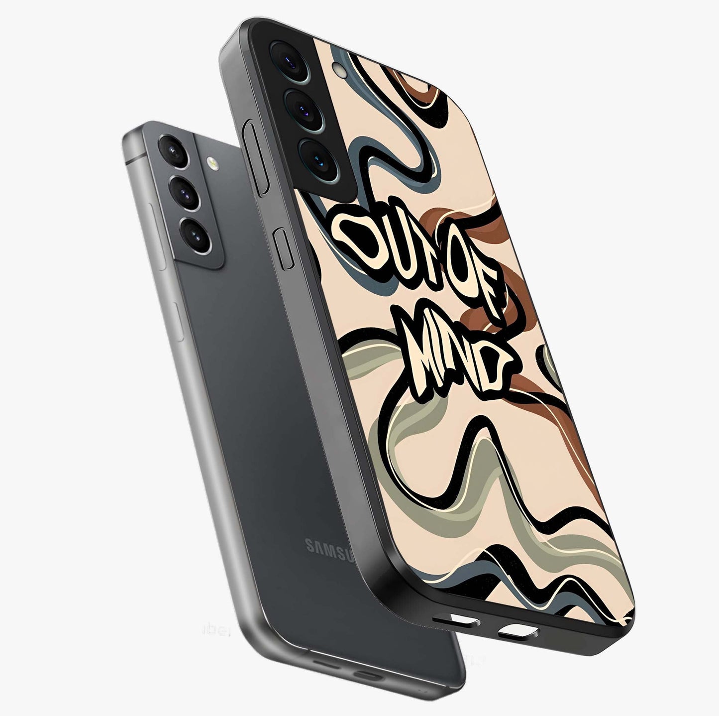 Out Of Mind Glass Case displayed in angled mockup highlighting bold statement design with modern artistic aesthetic.