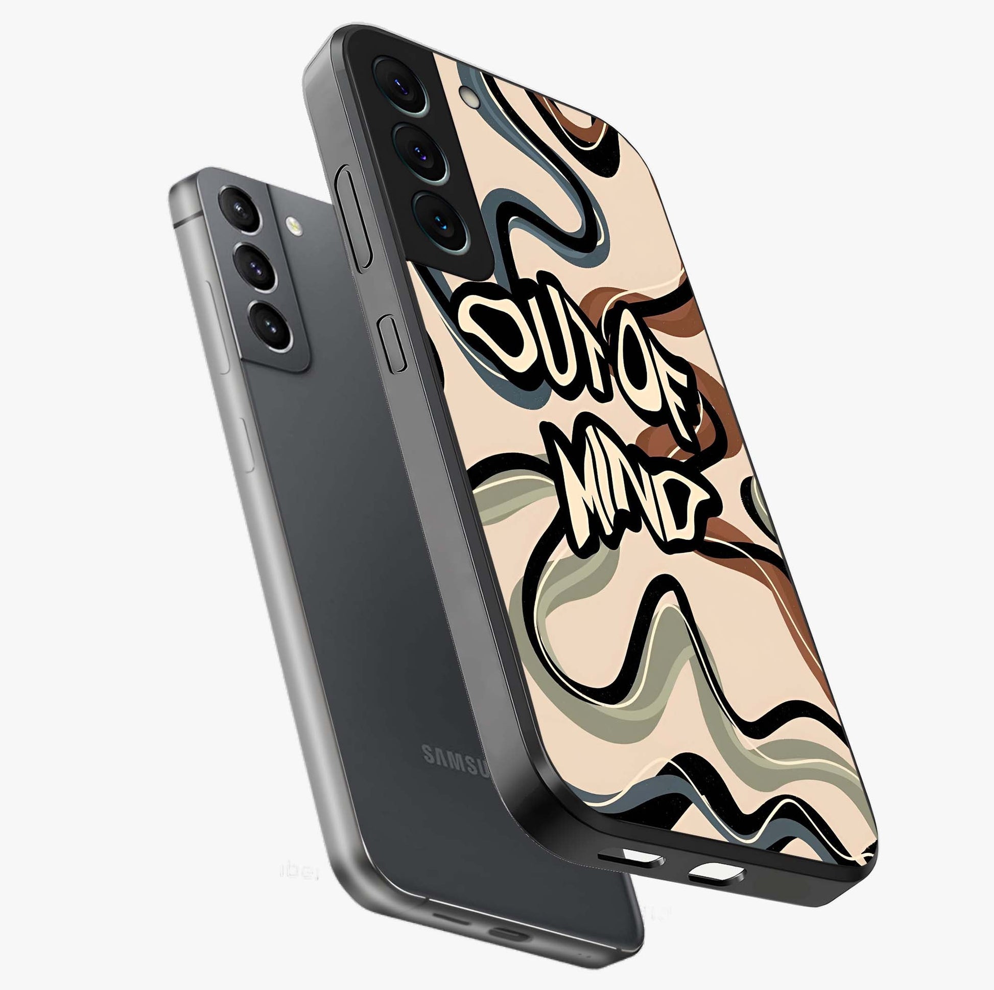 Out Of Mind Glass Case displayed in angled mockup highlighting bold statement design with modern artistic aesthetic.