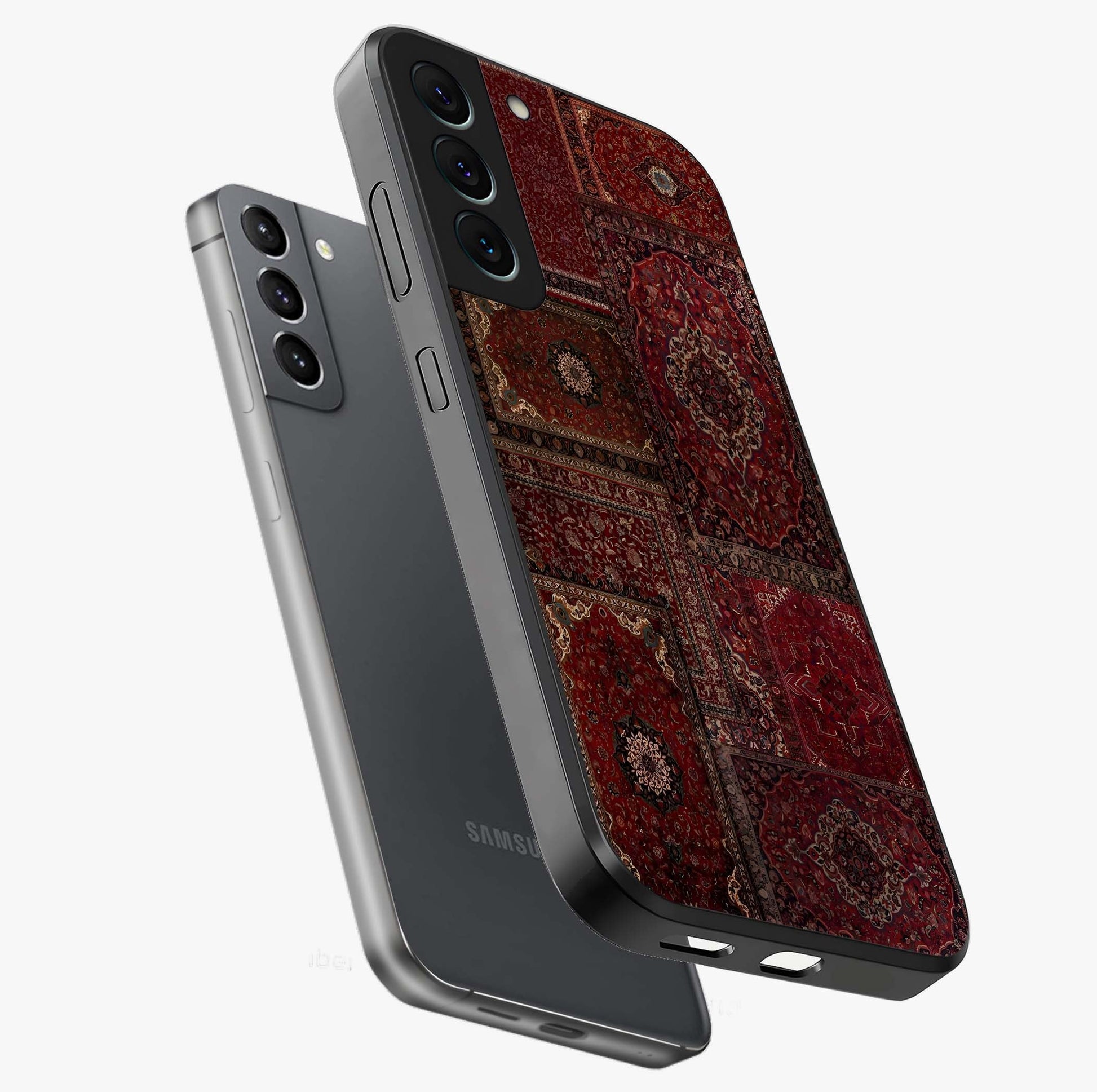 Persian Velvet Tale Glass Case displayed in angled mockup highlighting ornate textile inspired design with royal aesthetic.