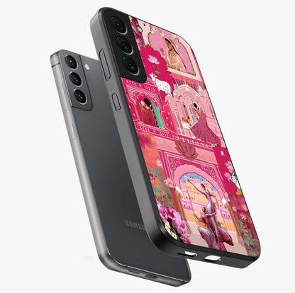 Pink Palace Muse Glass Case displayed in angled mockup highlighting dreamy palace illustration with soft pink aesthetic.