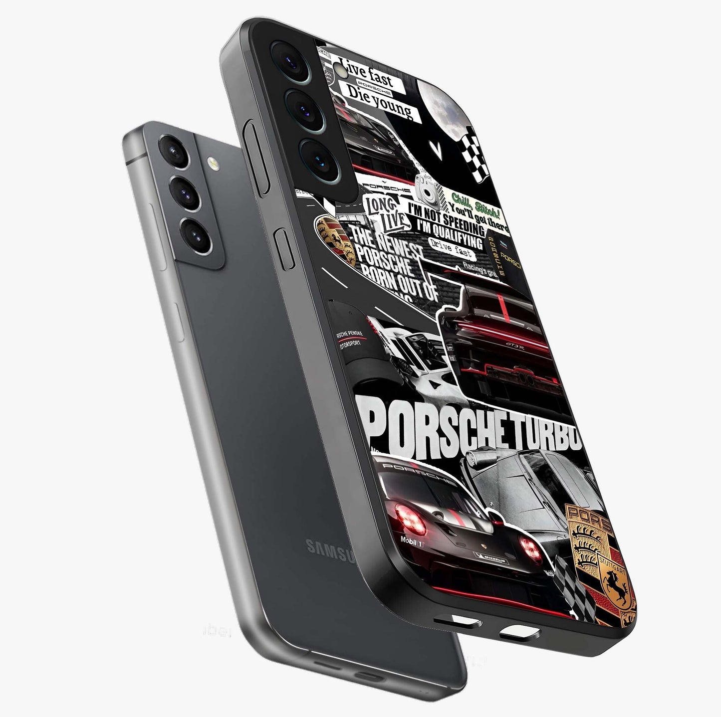 Porsche Racing Collage Glass Case displayed in angled mockup highlighting dynamic automotive design with bold racing aesthetic.