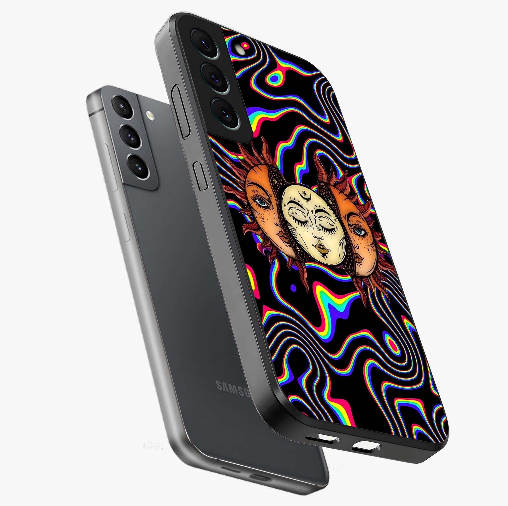 Psychedelic Sun Glass Case displayed in angled mockup highlighting vibrant abstract sun design with artistic aesthetic style.