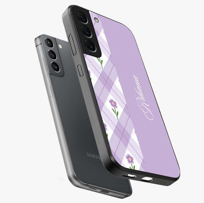 Purple Diamond Floral Glass Case displayed in angled mockup highlighting elegant purple flower design with decorative pattern.