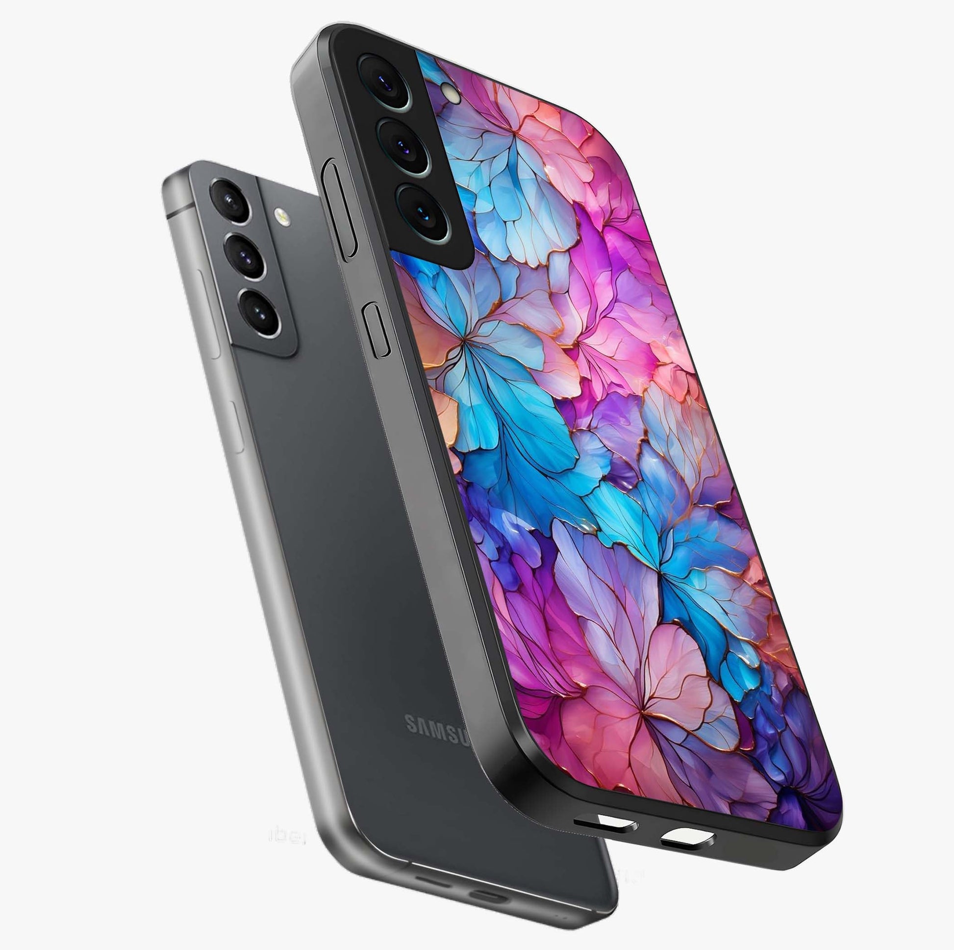 Radiant Floral Whirl Glass Case displayed in angled mockup highlighting vibrant flower pattern with dynamic artistic aesthetic.