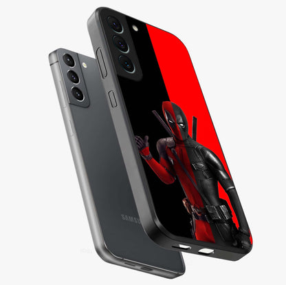 Red & Black Deadpool Theme Glass Case displayed in angled mockup highlighting vibrant superhero style illustration with action aesthetic.