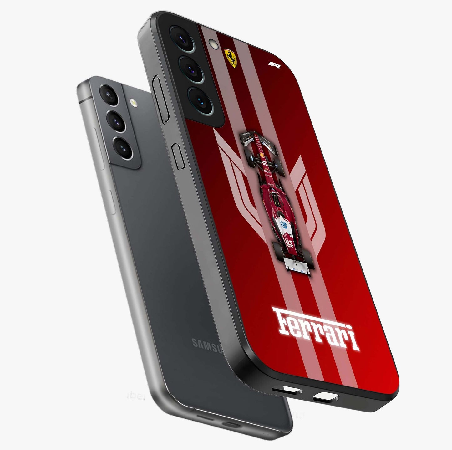 Red Ferrari F1 Vertical Glass Case displayed in angled mockup highlighting high speed racing design with bold automotive aesthetic.