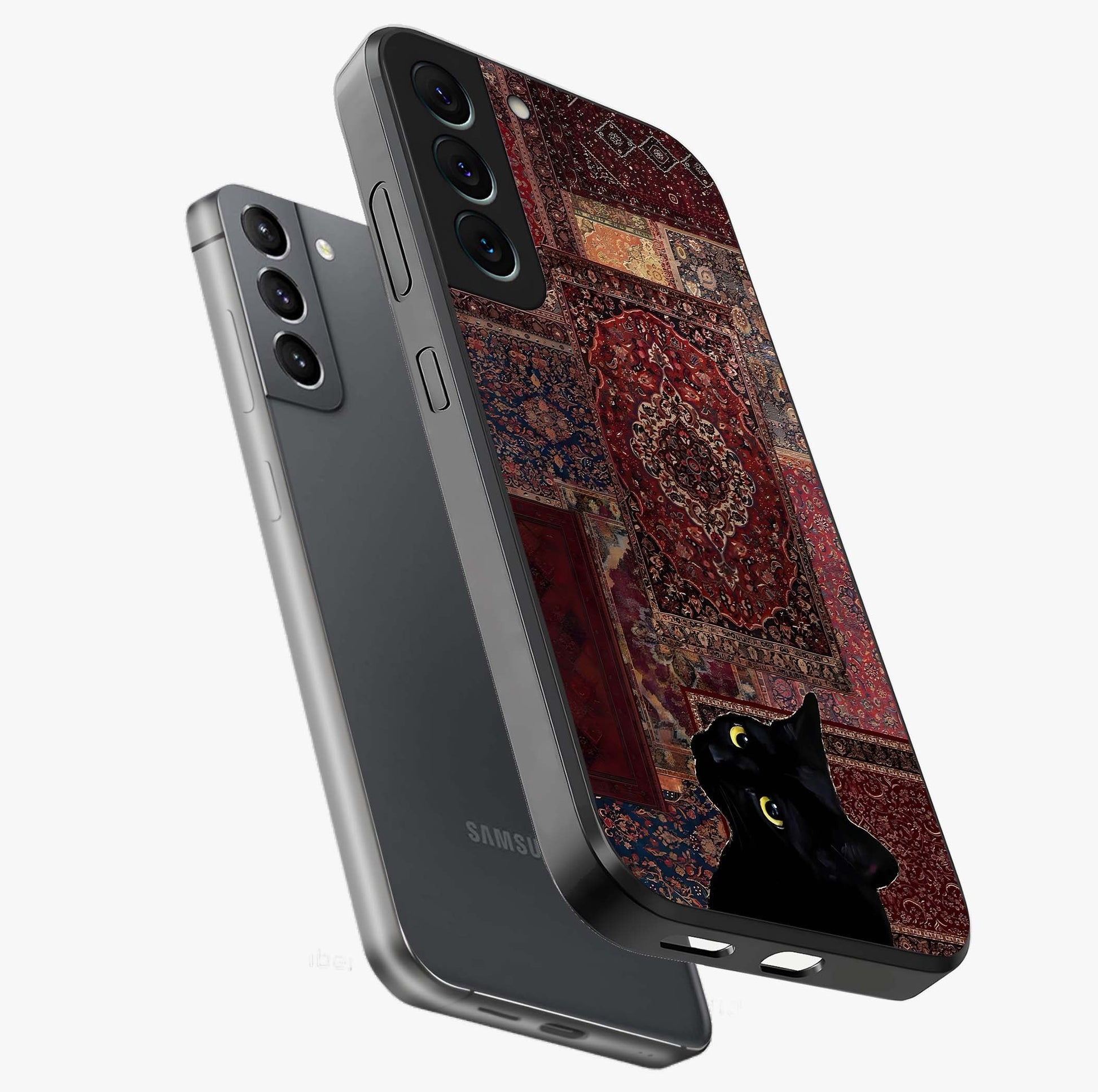 Regal Magic Cat Apple Glass Case displayed in angled mockup highlighting whimsical feline design with fantasy aesthetic.