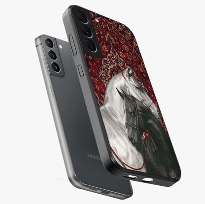 Regal Stallion Tapestry Glass Case displayed in angled mockup highlighting royal stallion design with decorative heritage aesthetic.