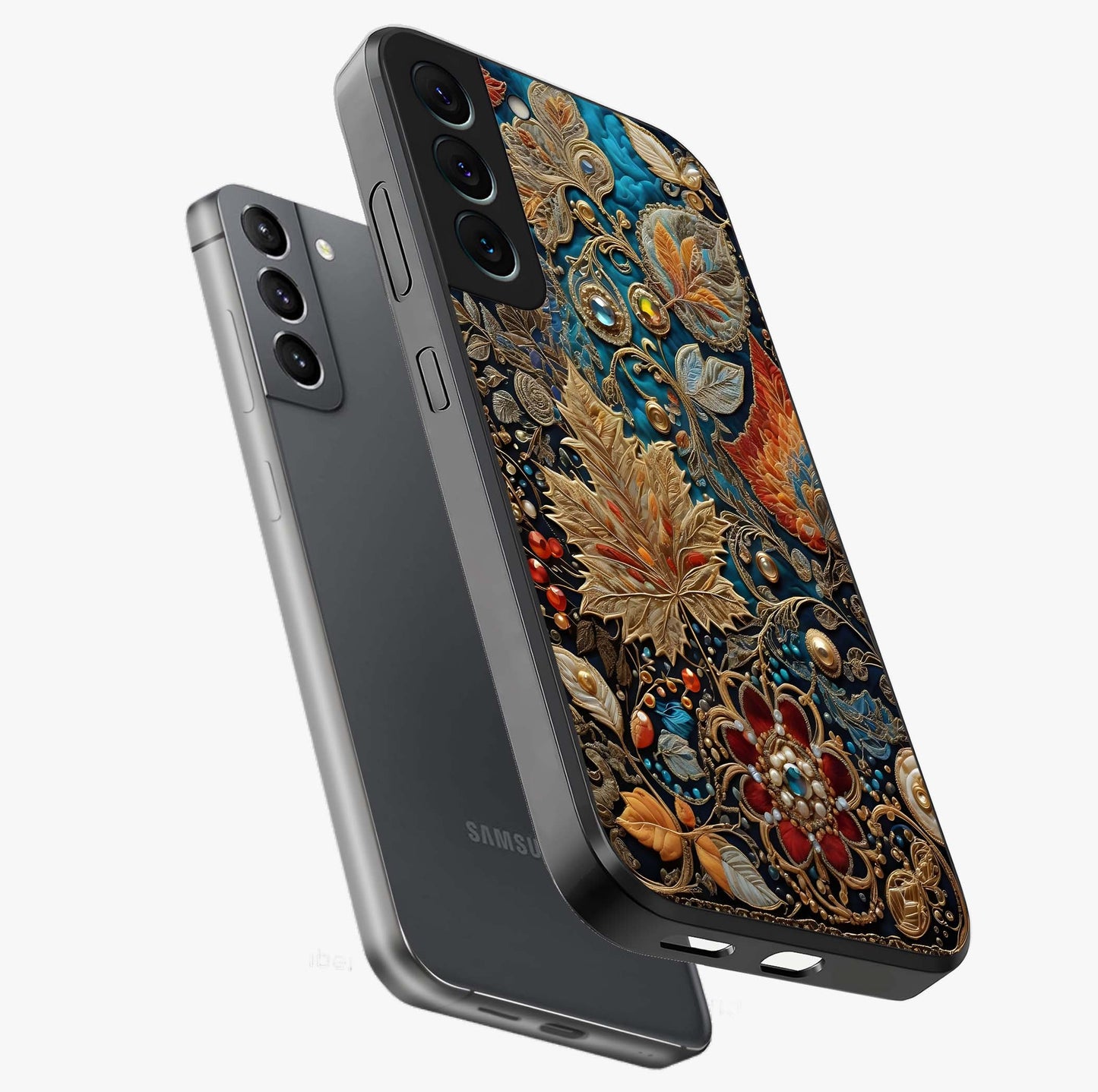 Royal Jewel Garden Glass Case displayed in angled mockup highlighting vibrant jewel inspired floral design with elegant aesthetic.