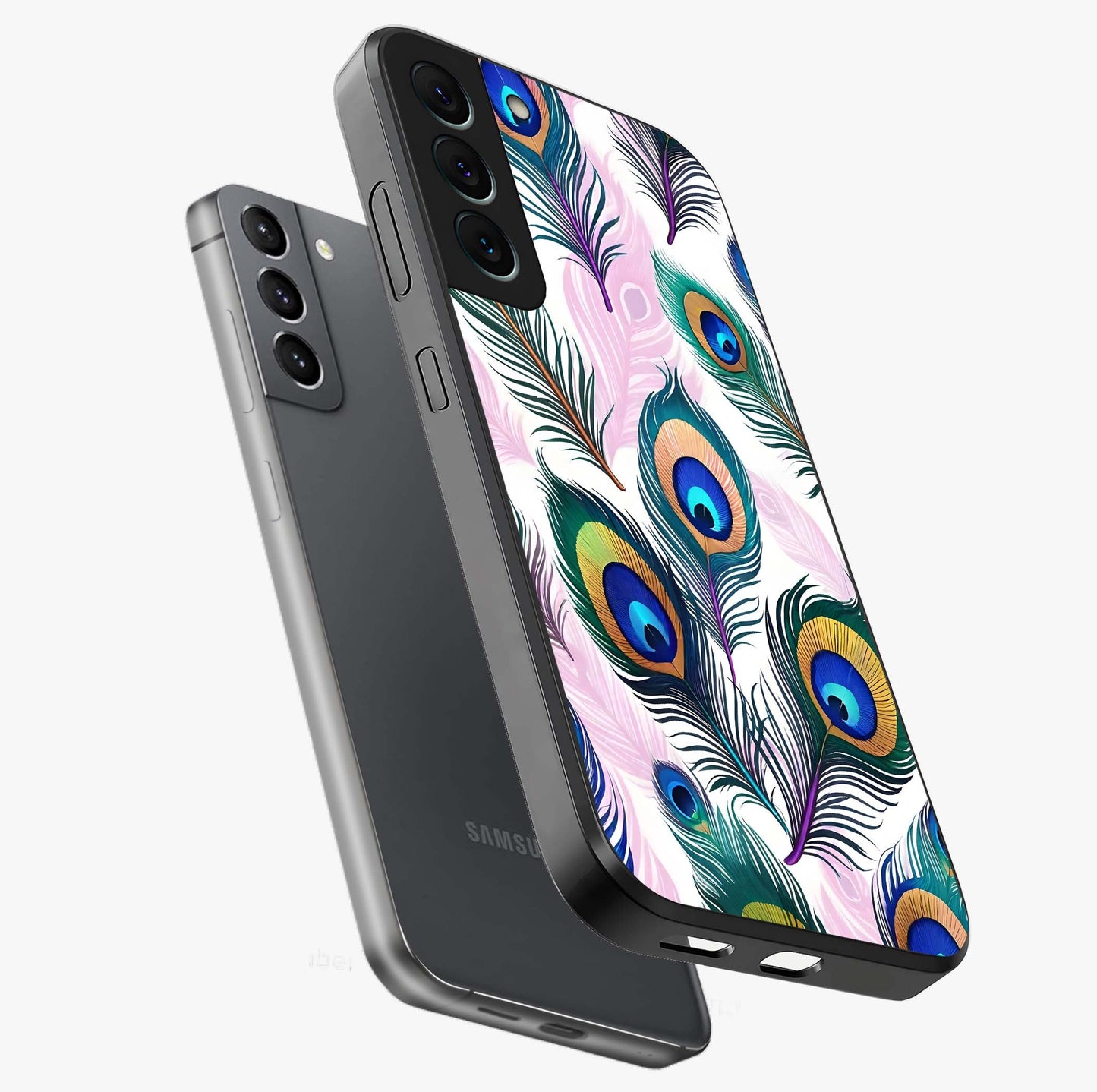 Royal Peacock Feathers Glass Case displayed in angled mockup highlighting vibrant feather pattern with regal aesthetic style.