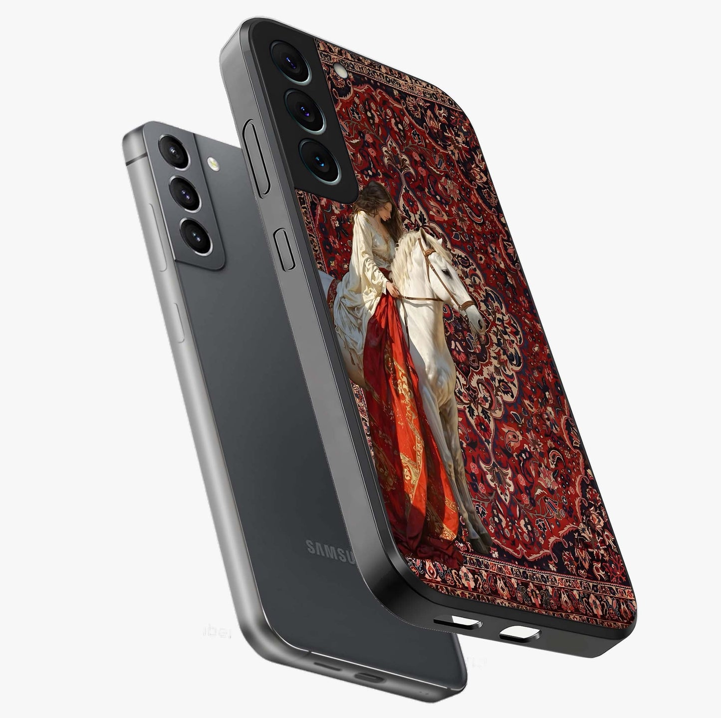 Royal Rider Tapestry Glass Case displayed in angled mockup highlighting traditional tapestry design with royal heritage aesthetic.