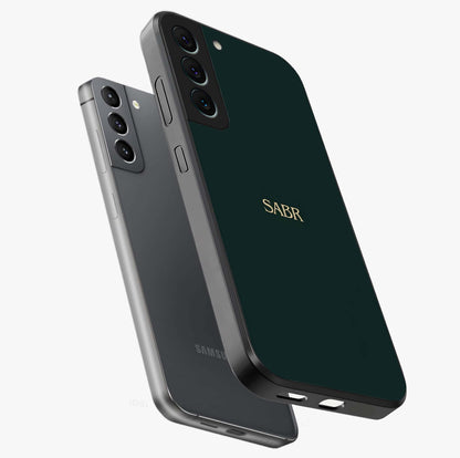 Sabr Minimal Patience Glass Case displayed in angled mockup highlighting simple inspirational design with clean aesthetic style.