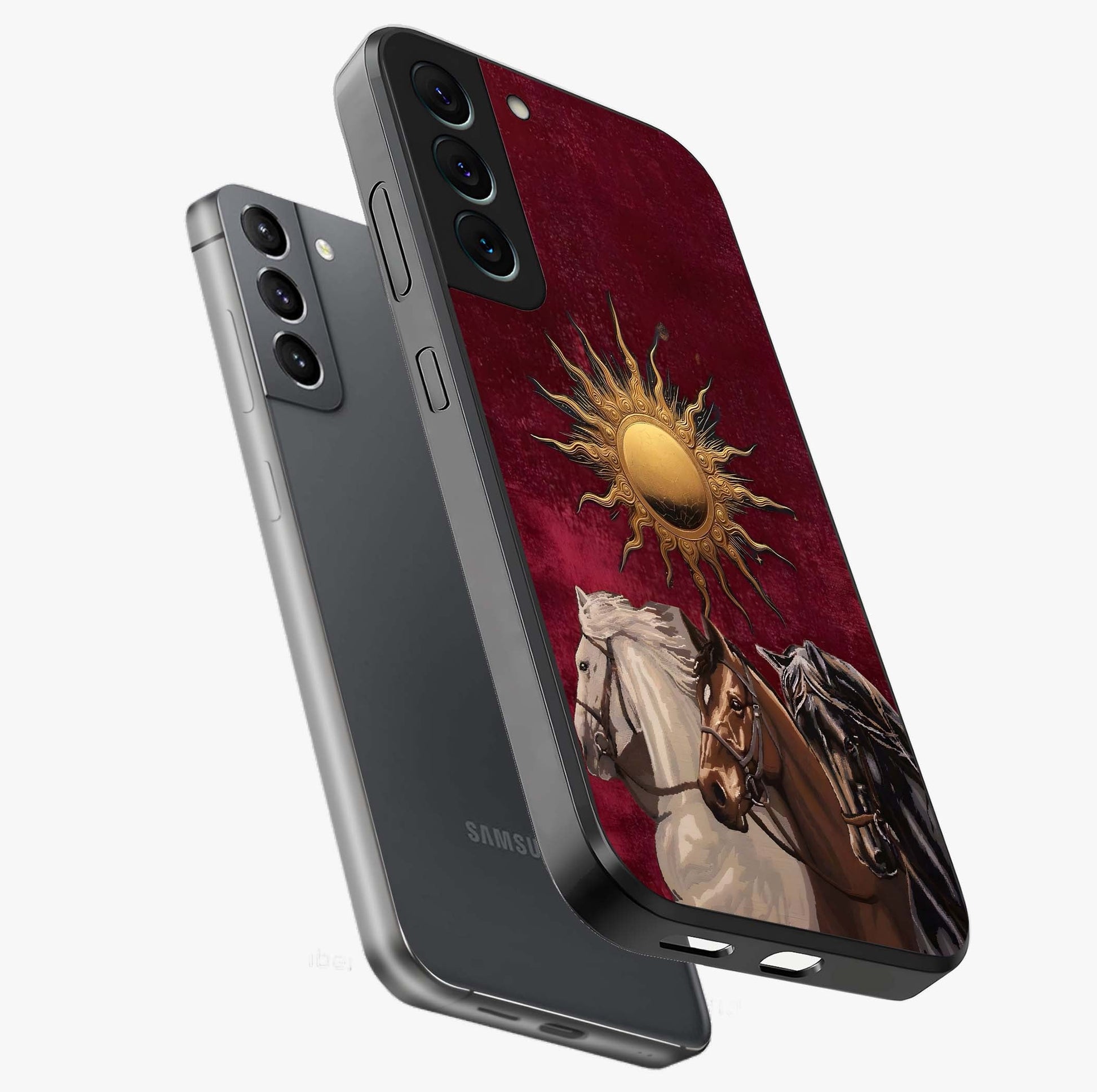 Solar Riders Glass Case displayed in angled mockup highlighting powerful rider illustration with radiant solar aesthetic.