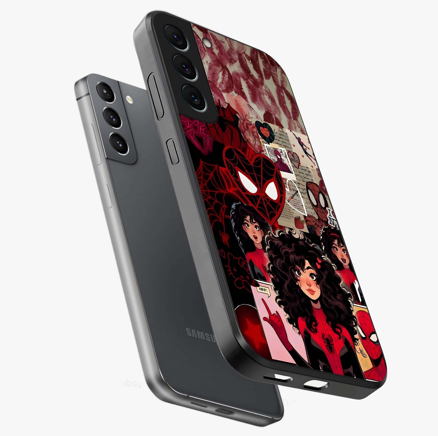 Spider Love Story Glass Case displayed in angled mockup highlighting expressive comic inspired design with playful aesthetic.