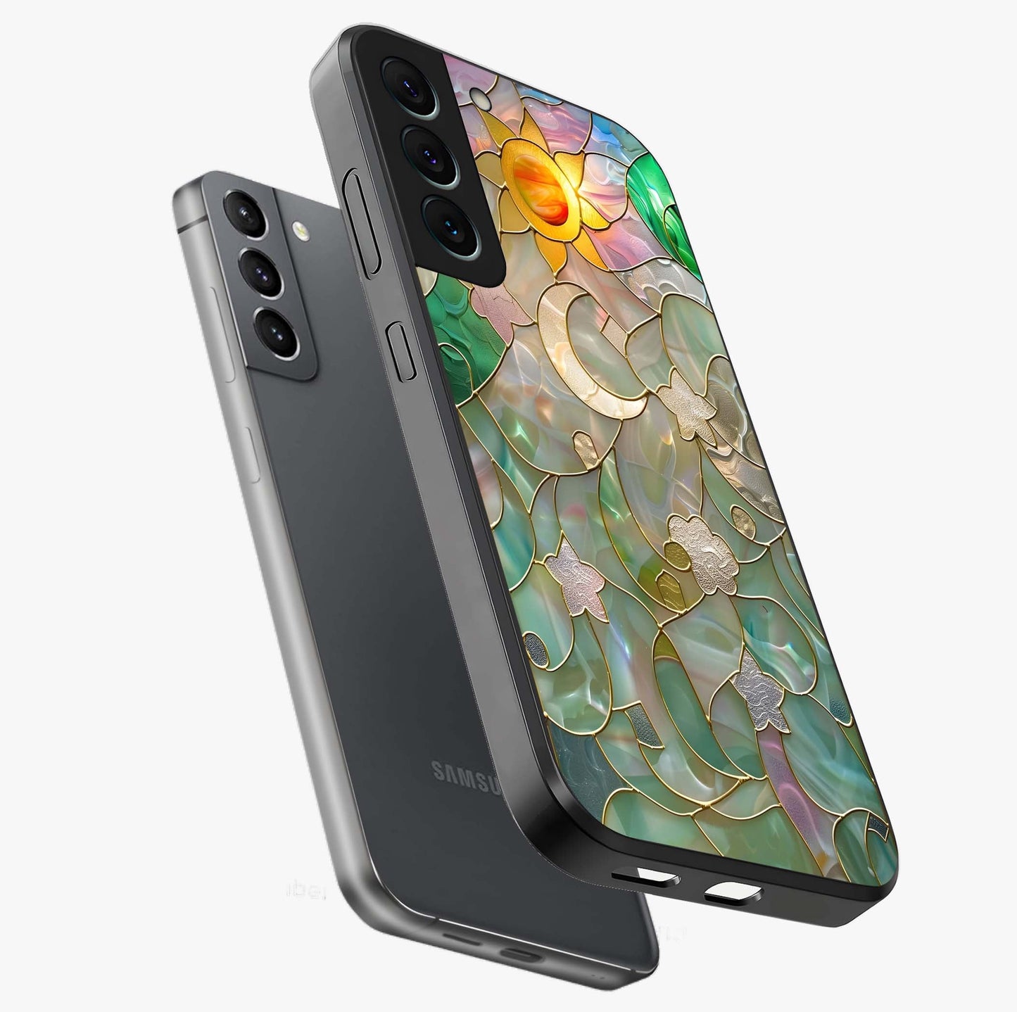 Stained Sunrise Glow Glass Case displayed in angled mockup highlighting radiant sunrise design with artistic aesthetic style.