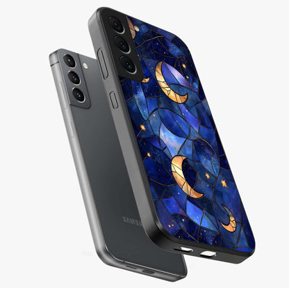 Starlit Sky Tapestry Glass Case displayed in angled mockup highlighting celestial night pattern with artistic aesthetic style.