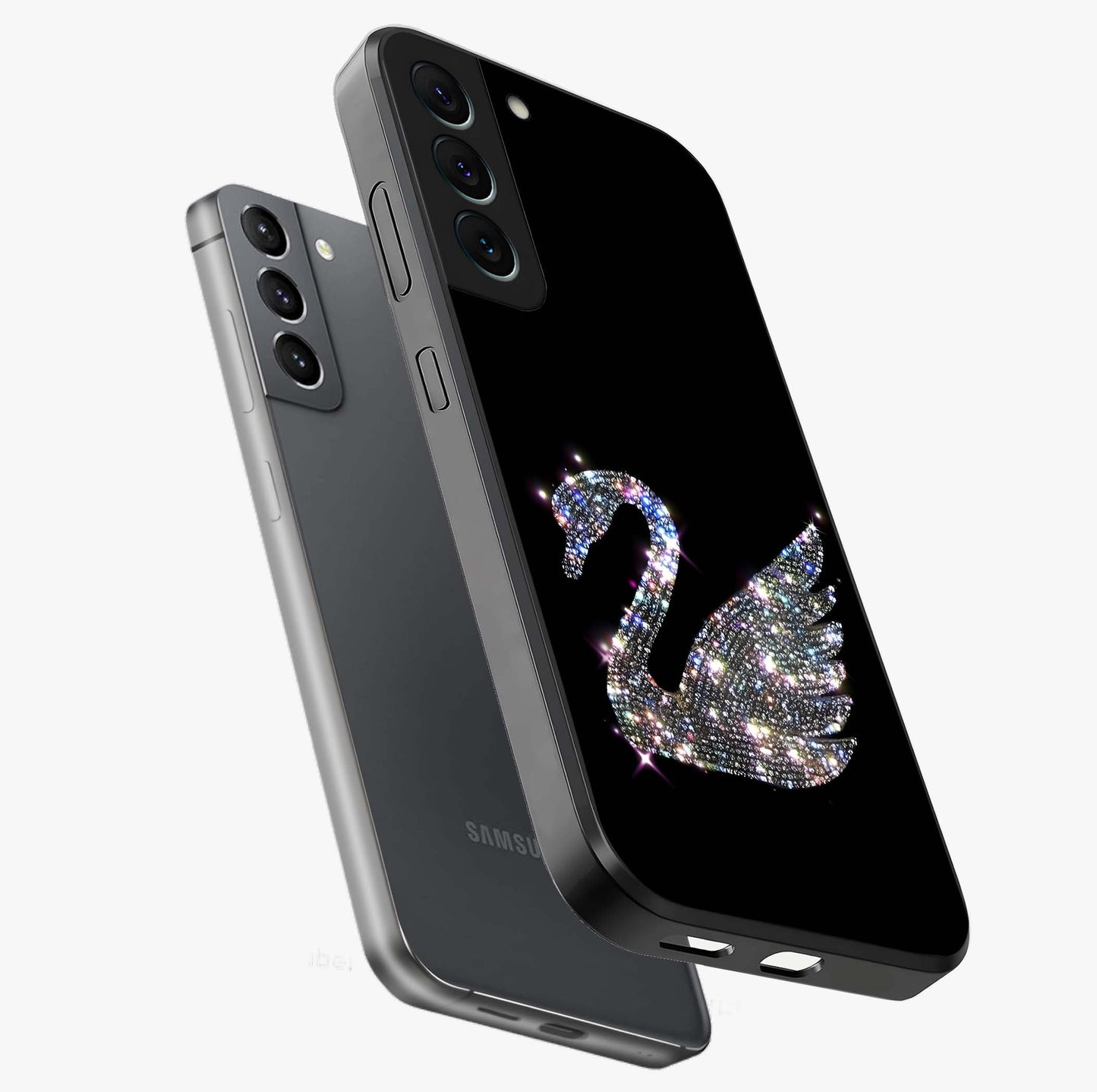 Starlit Swan Grace Glass Case displayed in angled mockup highlighting elegant swan illustration with dreamy celestial aesthetic.