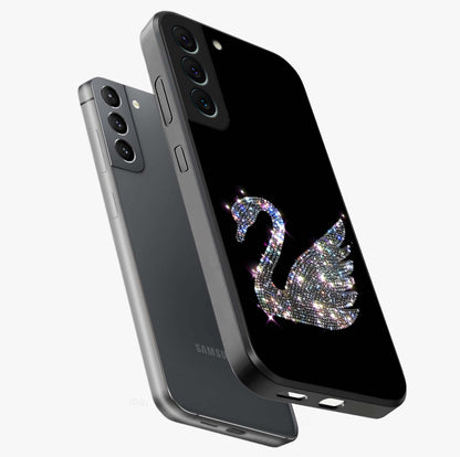 Starlit Swan Grace Glass Case displayed in angled mockup highlighting elegant swan illustration with dreamy celestial aesthetic.