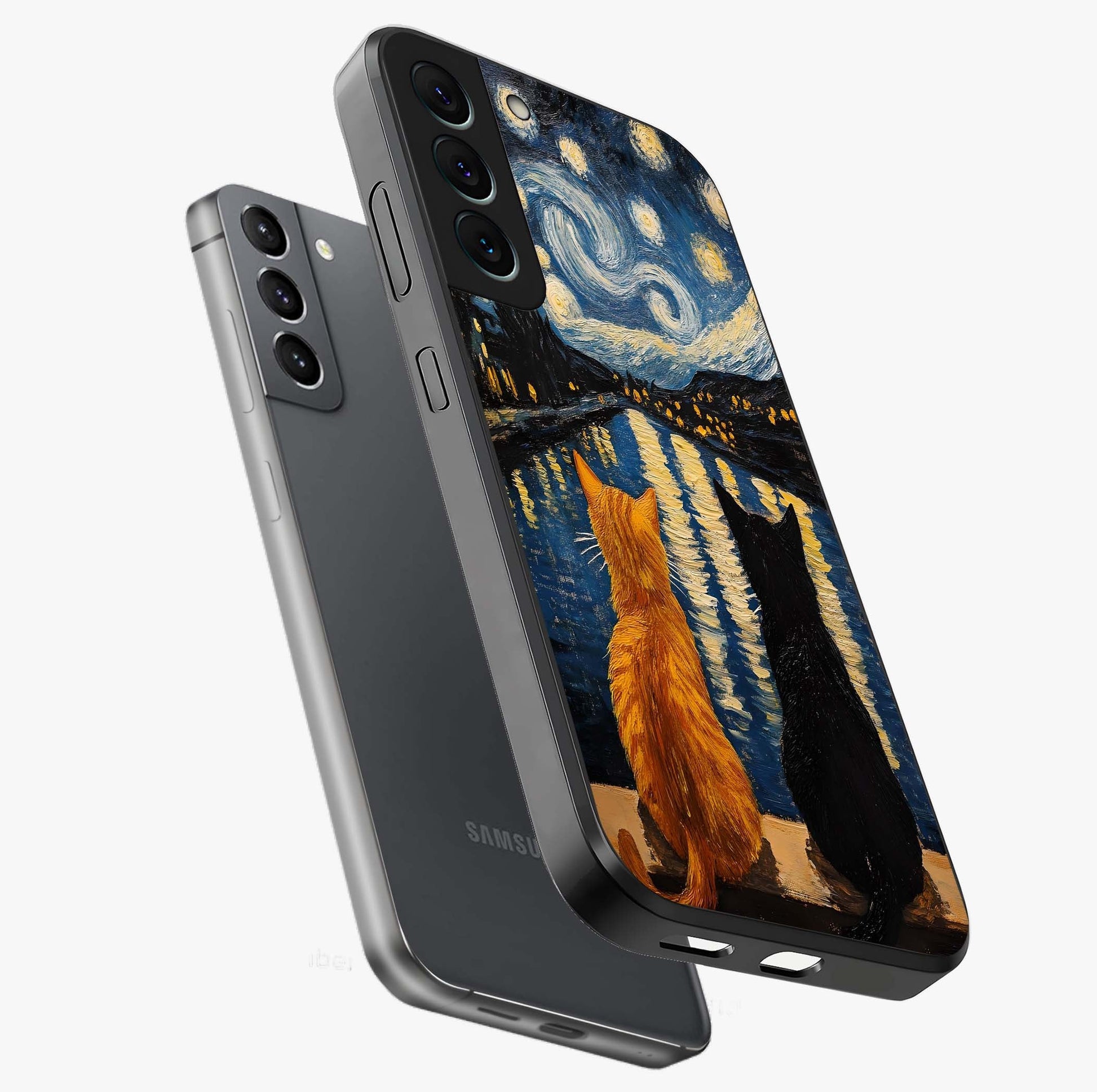 Starry River Cats Glass Case displayed in angled mockup highlighting charming feline illustration with dreamy night aesthetic.