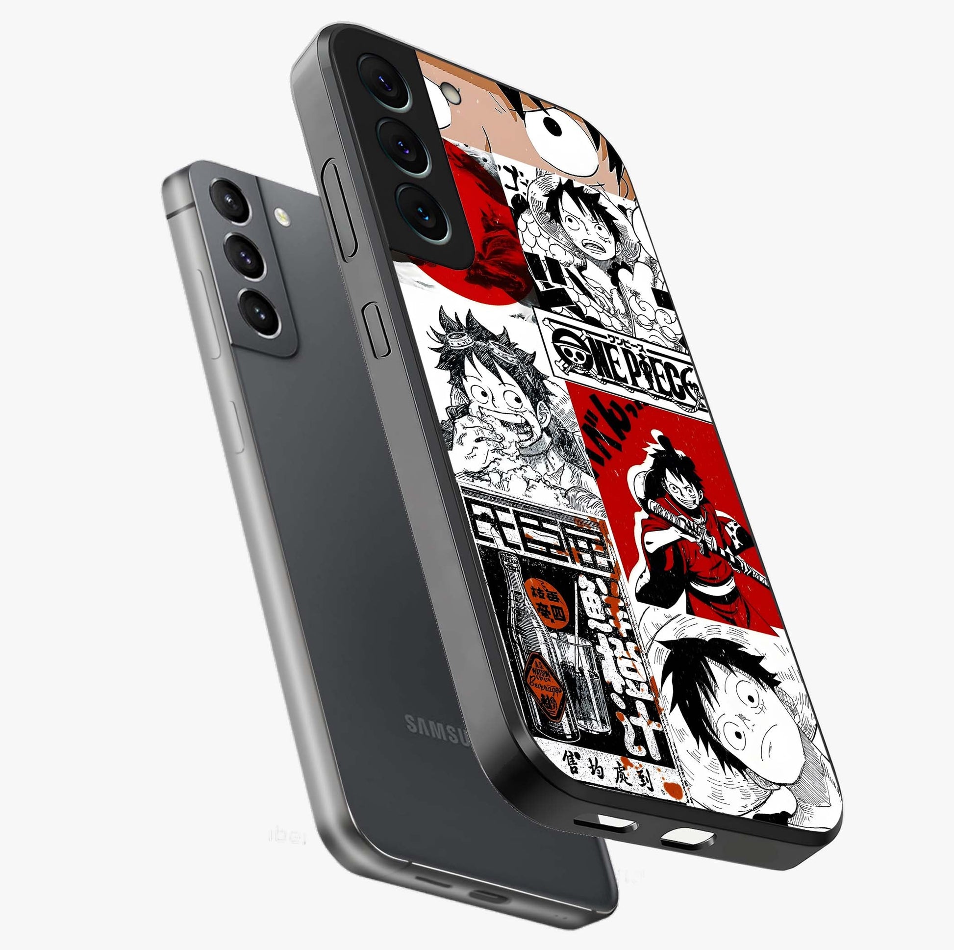 Strawhat Chaos Panels Glass Case displayed in angled mockup highlighting vibrant anime collage design with action aesthetic.