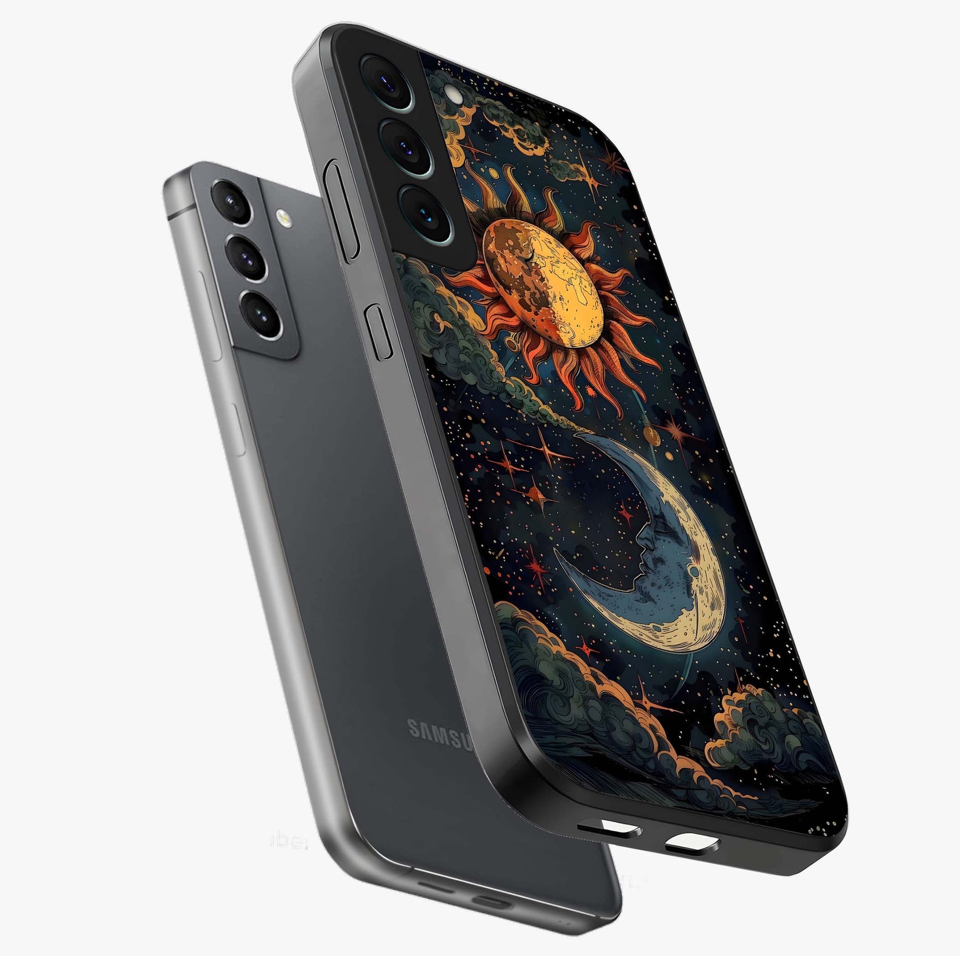Sun And Moon Magic Design Glass Case displayed in angled mockup highlighting celestial design with magical cosmic aesthetic.
