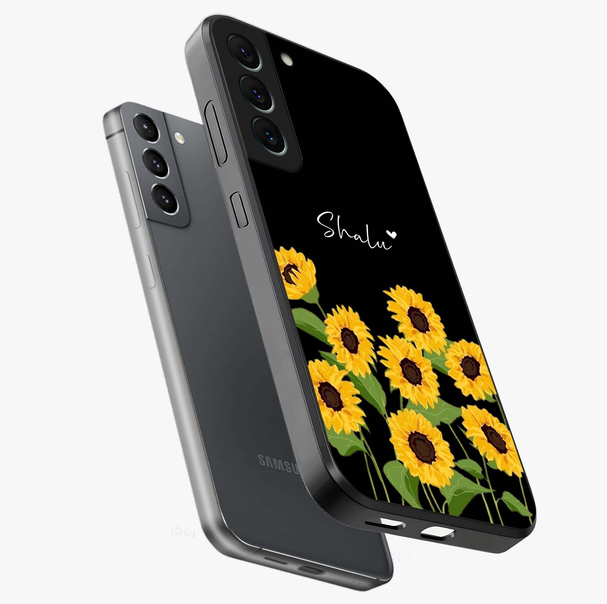 Sunflower Chic Mood Custom Name Glass Case displayed in angled mockup highlighting vibrant sunflower design with custom name feature.
