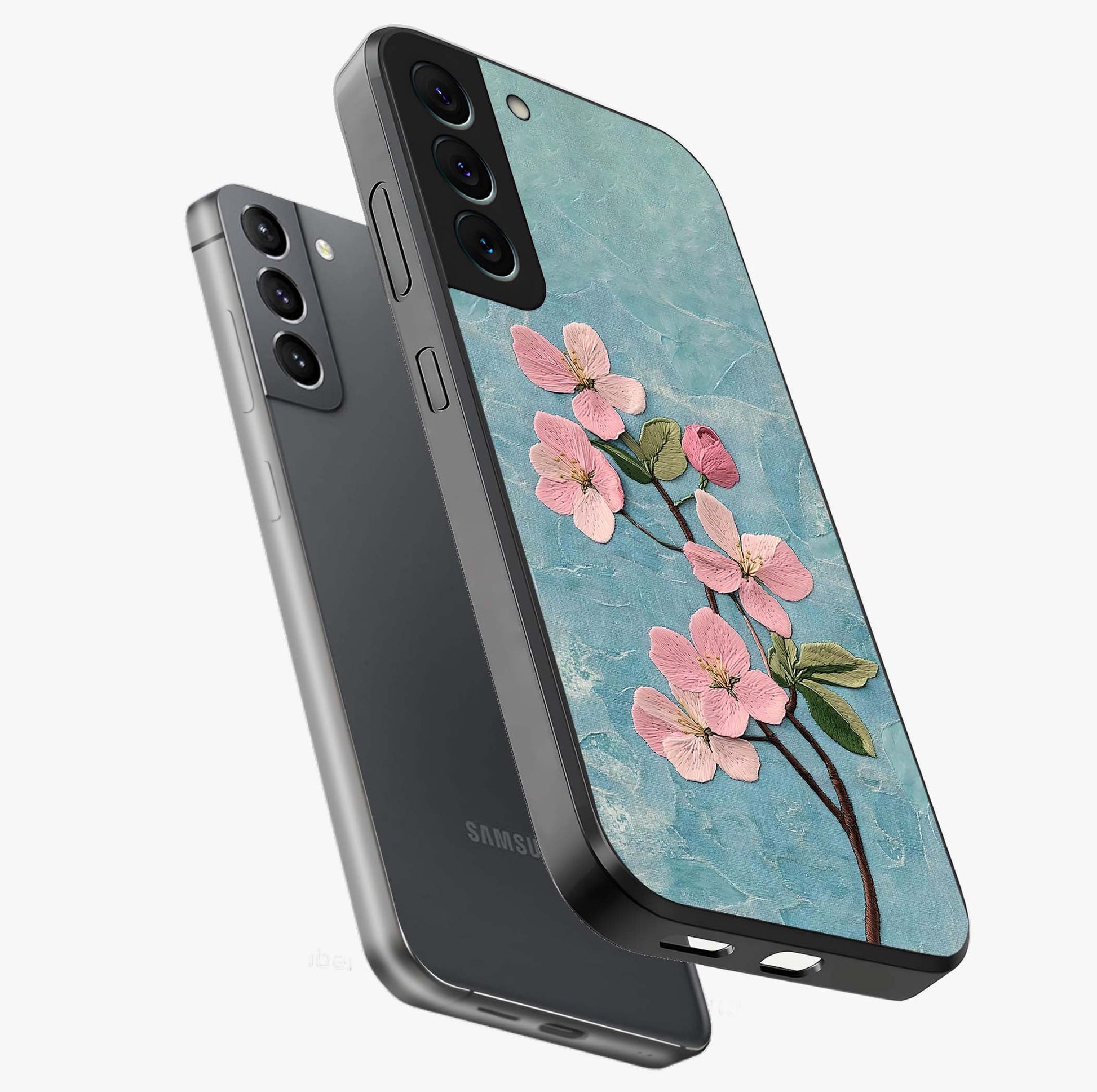 Threaded Blossom Breeze Glass Case displayed in angled mockup highlighting elegant floral design with soft aesthetic style.