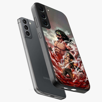 Titan Awakening Fury Glass Case displayed in angled mockup highlighting dramatic giant warrior design with bold anime aesthetic.