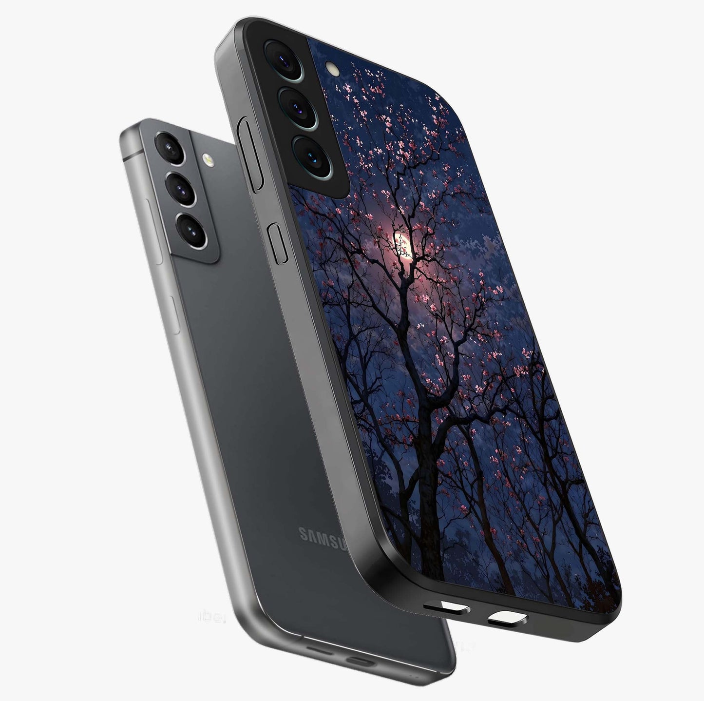 Twilight Sakura Serenade Glass Case displayed in angled mockup highlighting delicate sakura flower design with dreamy aesthetic.