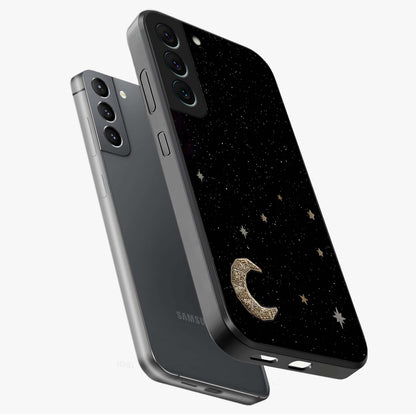 Twinkle Star With Half Moon Glass Case displayed in angled mockup highlighting celestial moon and star design with magical aesthetic.