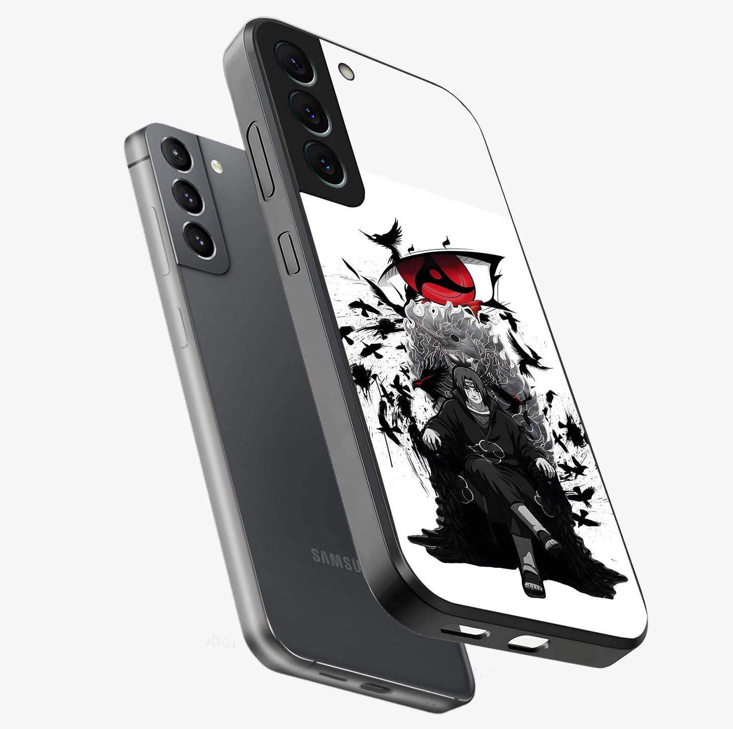 Uchiha Shadow Throne Glass Case displayed in angled mockup highlighting glowing aquatic design with celestial aesthetic.