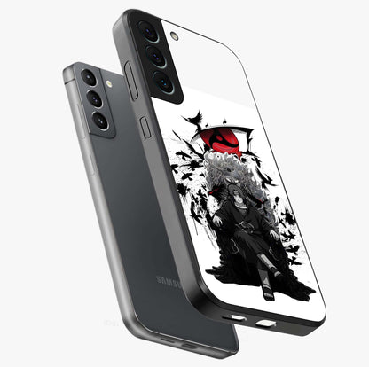 Uchiha Shadow Throne Glass Case displayed in angled mockup highlighting glowing aquatic design with celestial aesthetic.