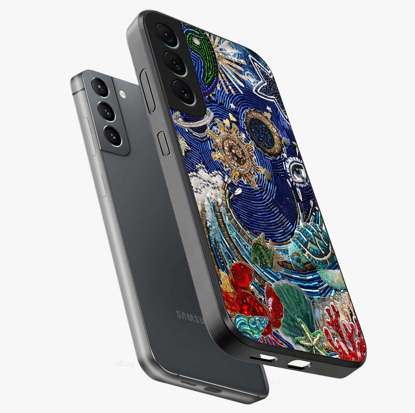 Universe Underwater Spark Glass Case displayed in angled mockup highlighting glowing aquatic design with celestial aesthetic.