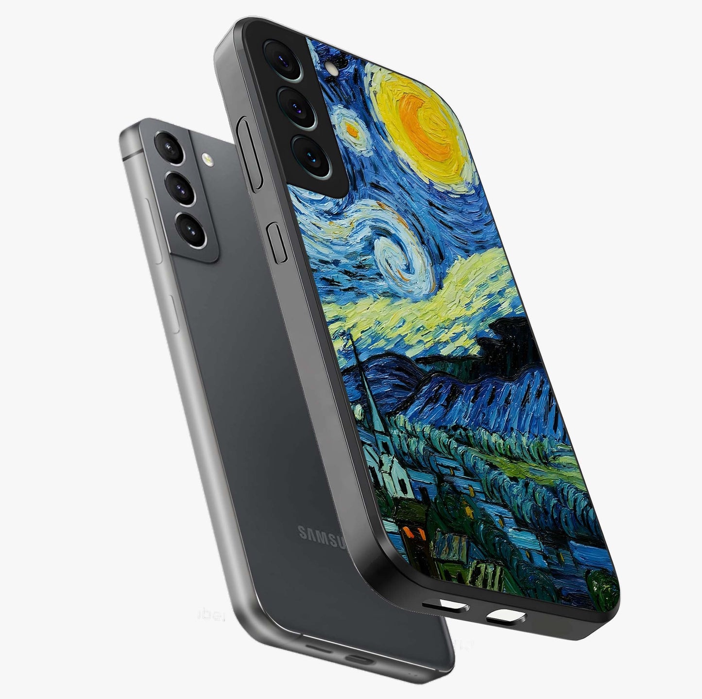 Van Gogh Art Glass Case displayed in angled mockup highlighting swirling brushstroke design with artistic aesthetic.