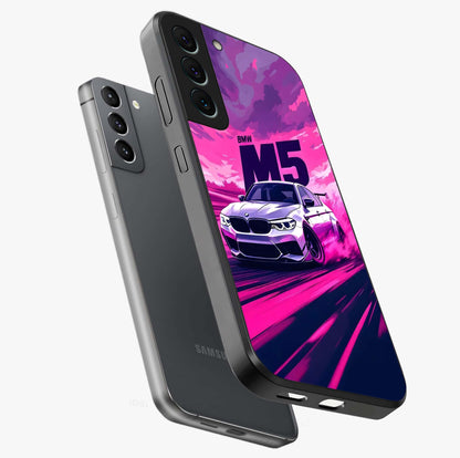 Velocity Drift Pulse Glass Case displayed in angled mockup highlighting dynamic drift design with sporty automotive aesthetic.