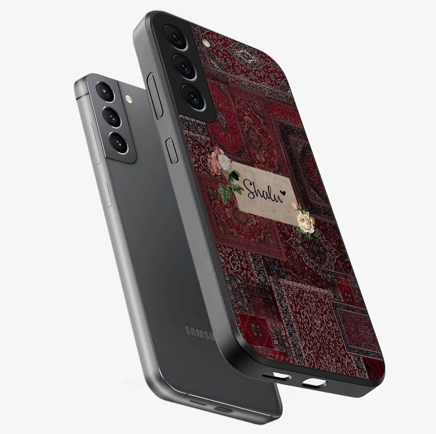 Velvet Wine Pattern Custom Name Glass Case displayed in angled mockup highlighting decorative velvet inspired design with custom name feature.