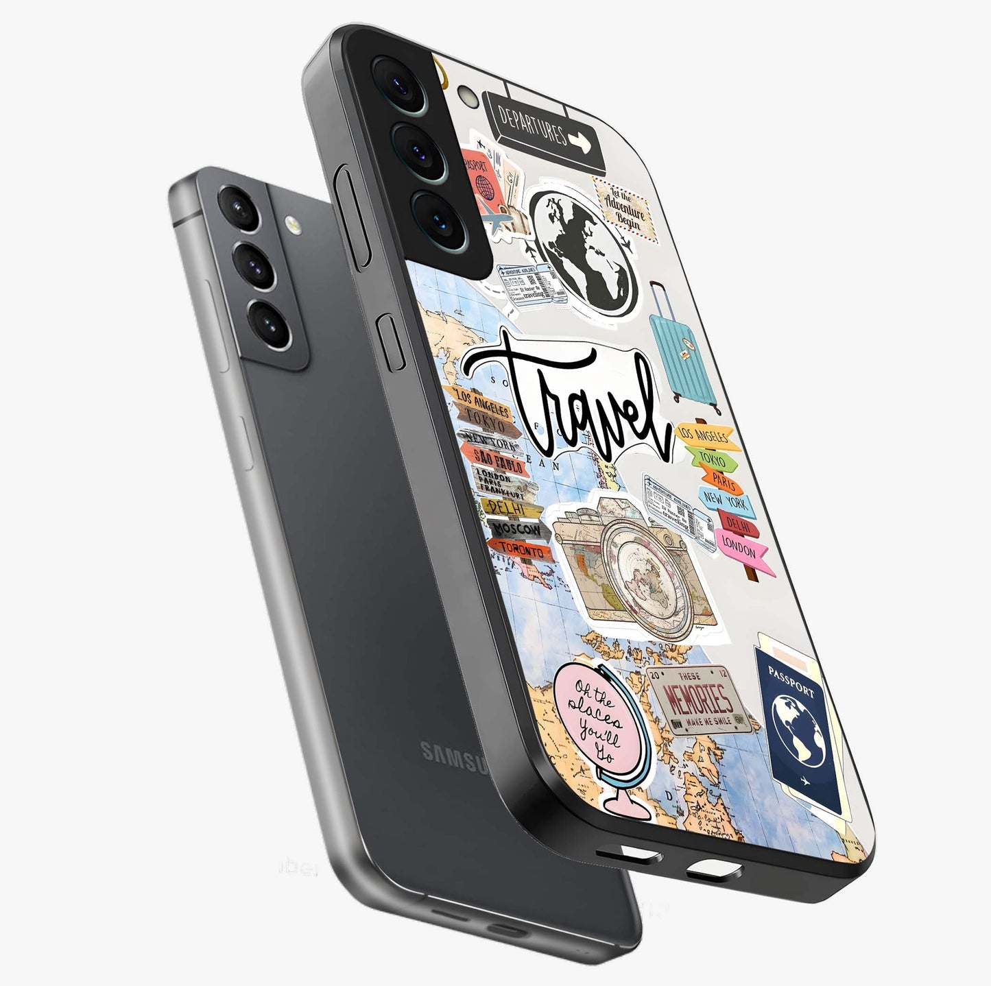 Wanderlust Journal Glass Case displayed in angled mockup highlighting adventure themed design with aesthetic travel vibe.