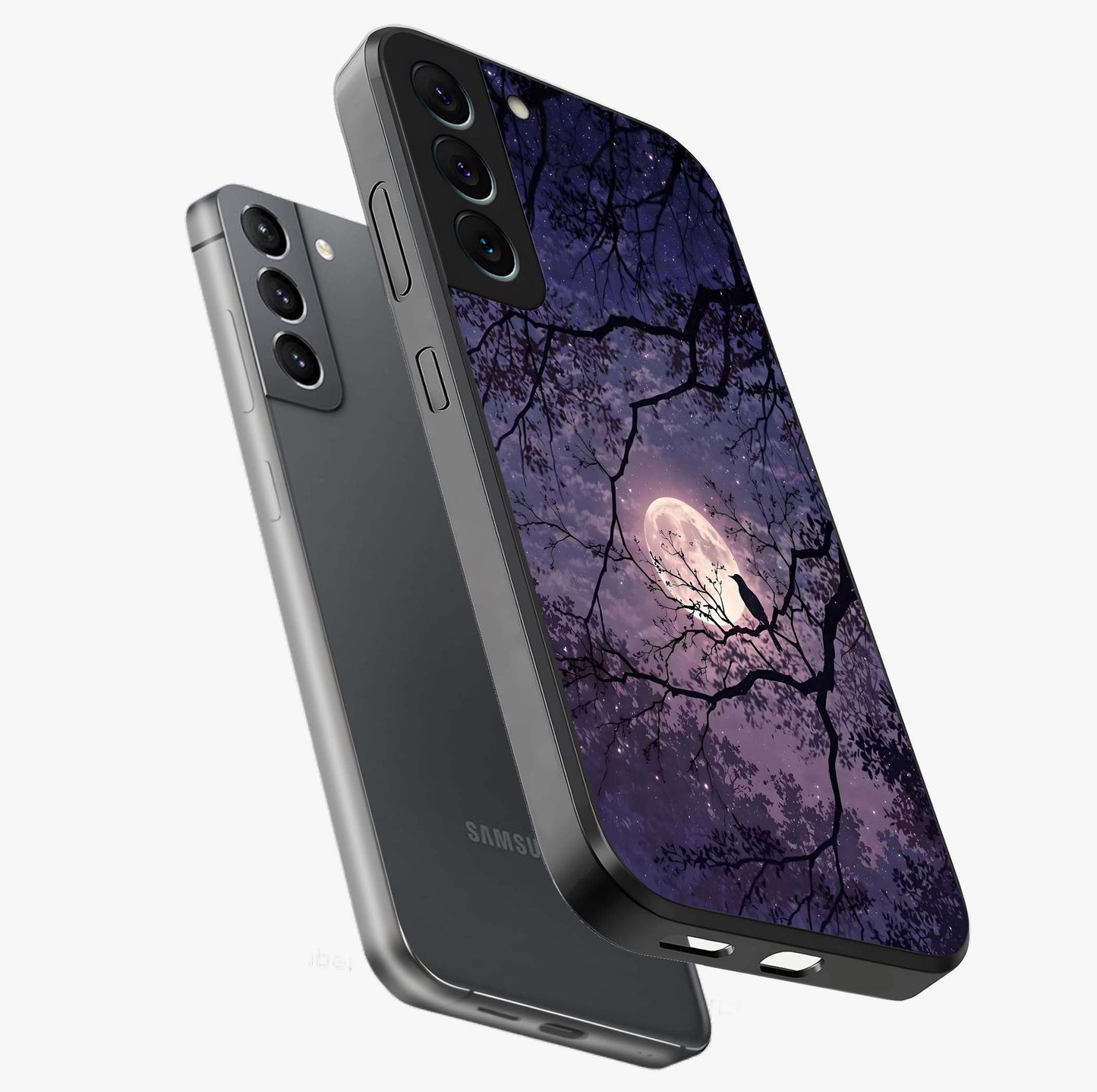 Whispering Moon Silence Glass Case displayed in angled mockup highlighting calm lunar design with dreamy night aesthetic.
