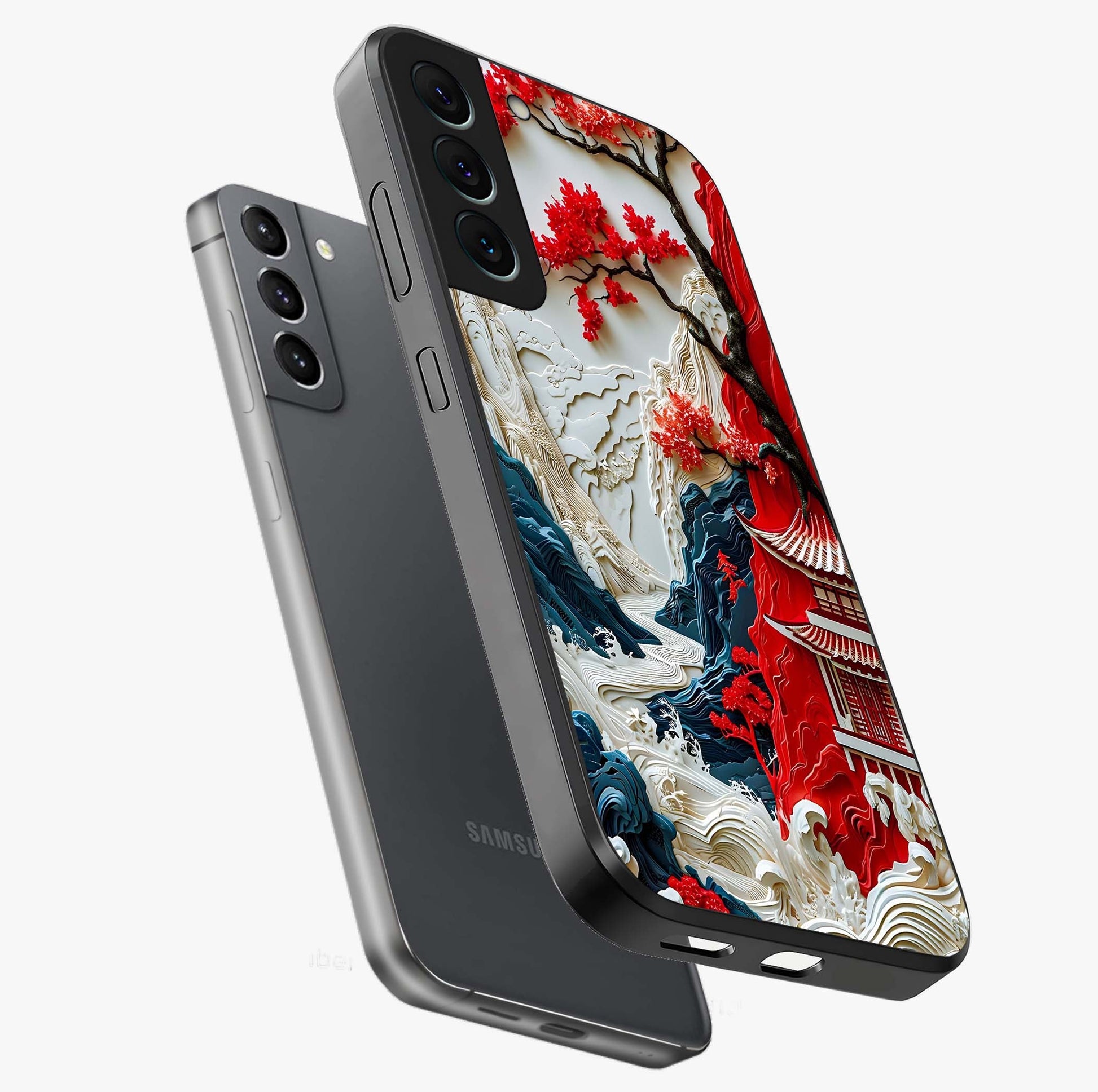 Whispers Of Sakura Waves Glass Case displayed in angled mockup highlighting flowing sakura design with soft floral aesthetic.