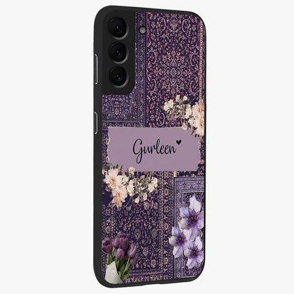 Antique Floral Whisper Custom Name Glass Case upright view showcasing delicate floral artwork with custom name feature.
