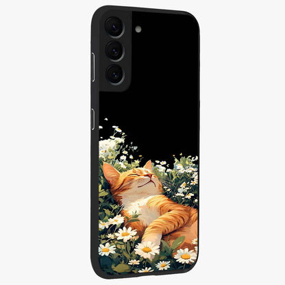 Blissful Bloom Cat Glass Case upright view showcasing charming cat design surrounded by blooming floral elements.