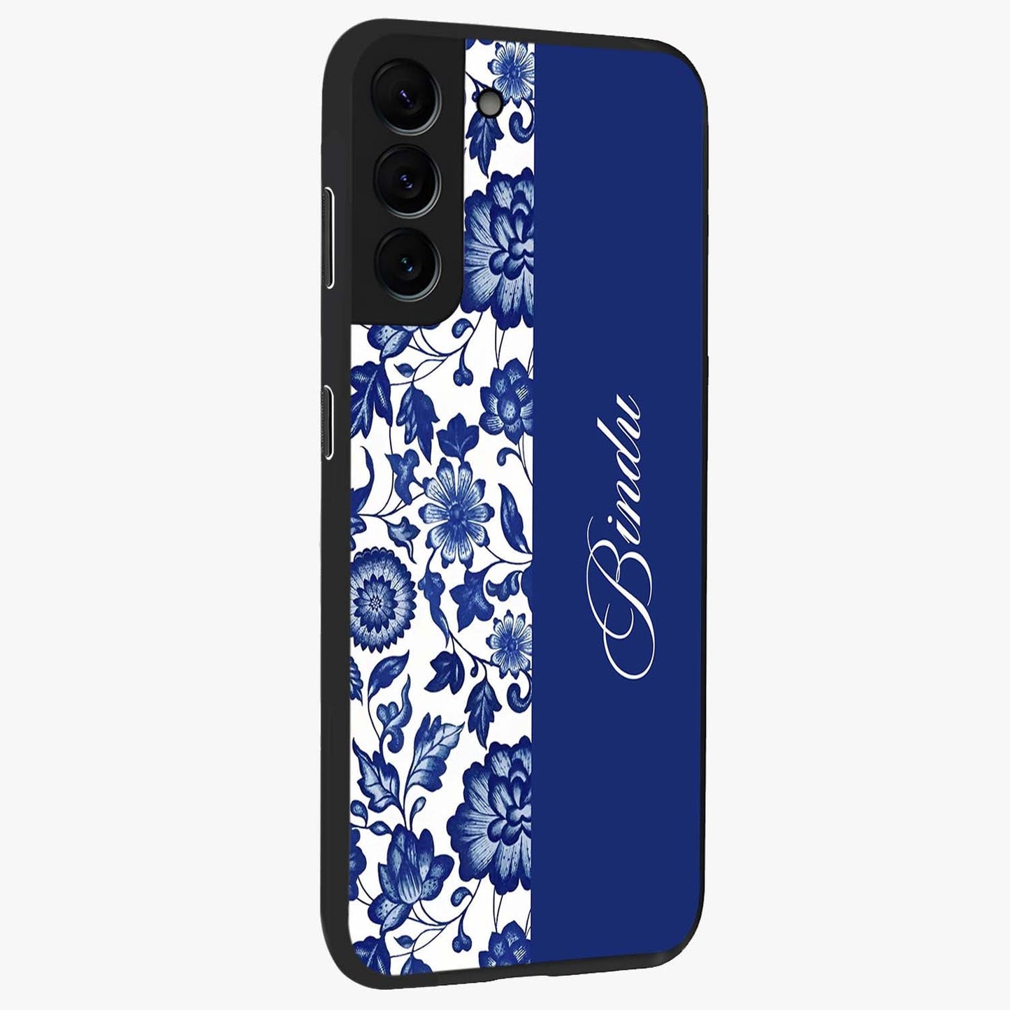 Blue Vintage Floral Pattern Glass Case upright view showcasing delicate blush floral texture with modern minimal style.